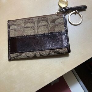 Coach Card Leather and Cotton Key Chain Wallet Neutral Brown/Beige